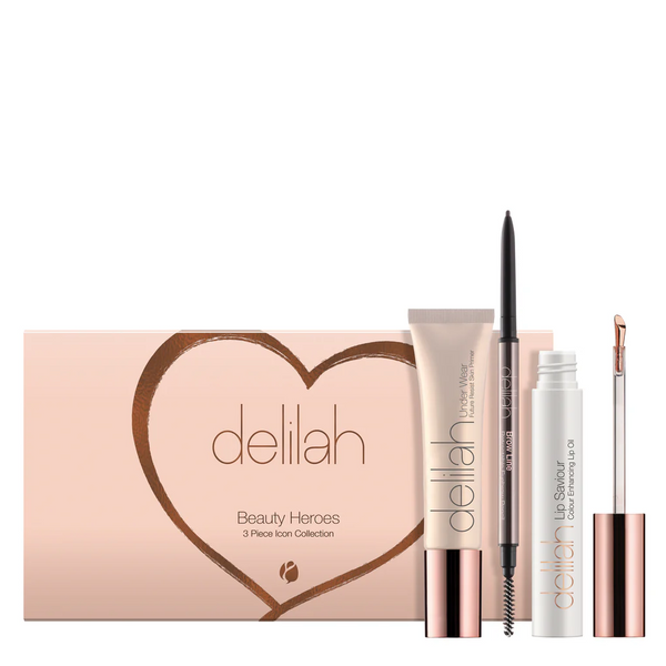 De complete Delilah Beauty Heroes Collection met Under Wear Primer, Lip Saviour en Brow Line in Sable