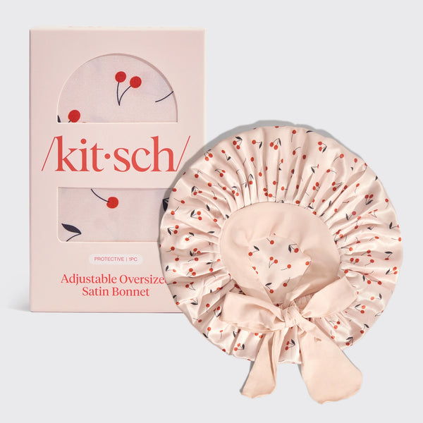 Kitsch - Satijnen Bonnet – Verstelbaar & Oversized – Cherry Print – Anti-Pluis & Vochtbehoud