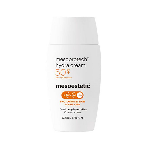 Mesoestetic Mesoprotech Hydra Cream SPF 50+ in een hygiënische tube, ontworpen voor de droge en vochtarme huid. Biedt zeer hoge bescherming tegen UVA- en UVB-stralen,
