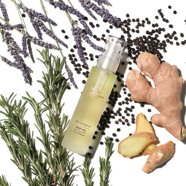 Natuurlijke ingrediënten van De-Stress Body Oil: lavendel, rozemarijn, gember & zwarte peper