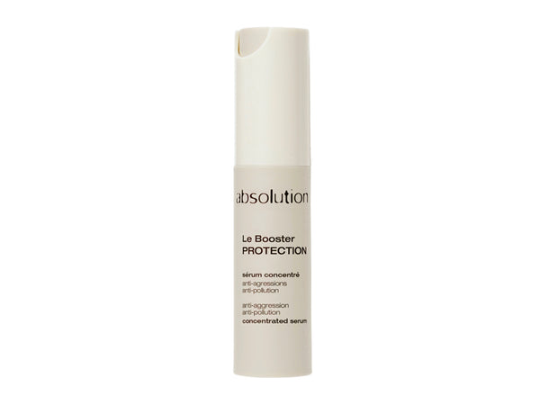 Absolution Le Booster Protection serum uit de verpakking, met een focus op het flesje