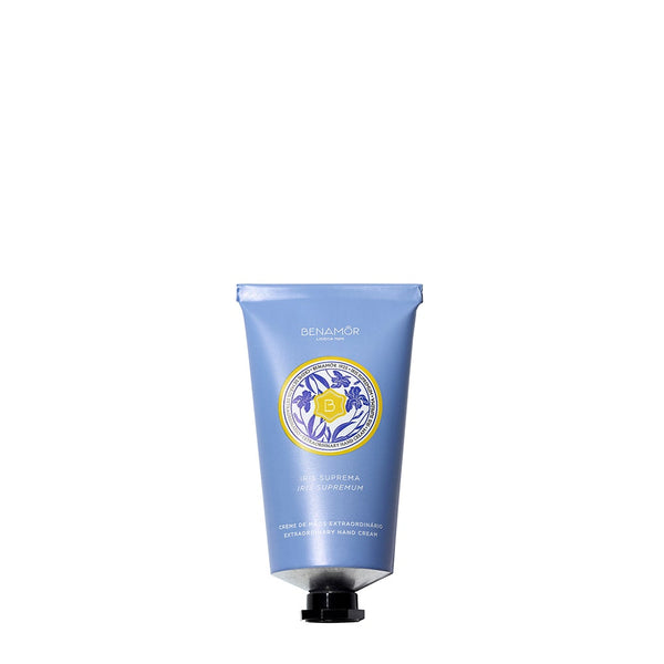 Tube van Benamôr Iris Suprema handcrème met luxe verpakking en botanische elementen.