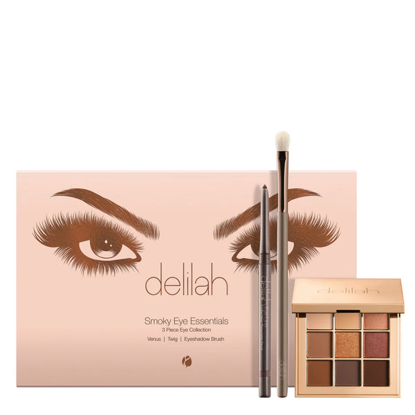 Close-up van het Venus kleurenpalet met warm getinte oogschaduws in bronzen, gouden en neutrale matte tinten, naast de Twig Eye Line Pencil