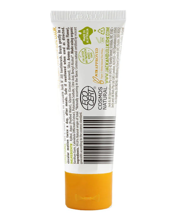 Ingrediënten van Jack N’ Jill Natuurlijke Tandpasta met Biologische Bananensmaak, inclusief xylitol en calendula.