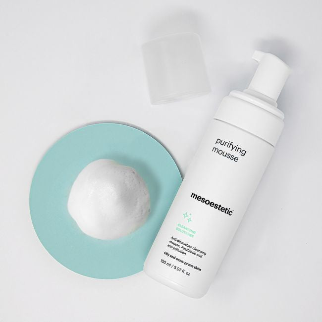 Mesoestetic Purifying Mousse – reinigingsschuim voor vette en acnegevoelige huid, zuivert poriën en voorkomt onzuiverheden