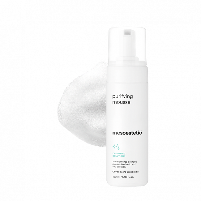 Mesoestetic Purifying Mousse – reinigingsschuim voor vette en acnegevoelige huid, zuivert poriën en voorkomt onzuiverheden.