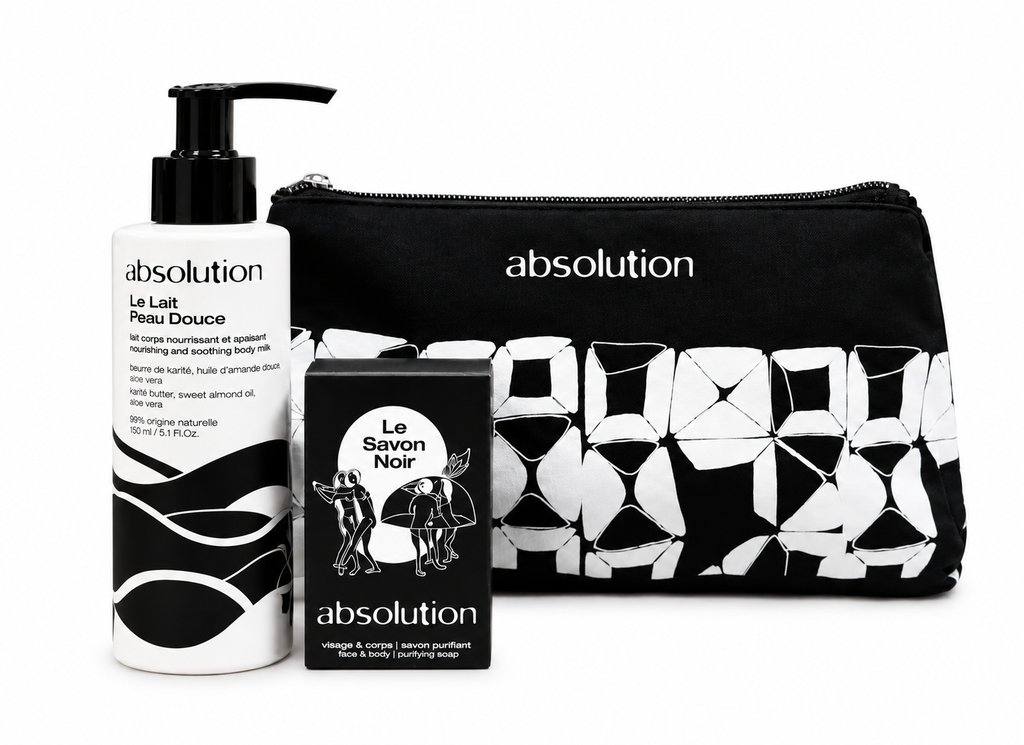 Absolution – Le Lait Peau Douce & Le Savon Noir Set + Gratis Toilettas
