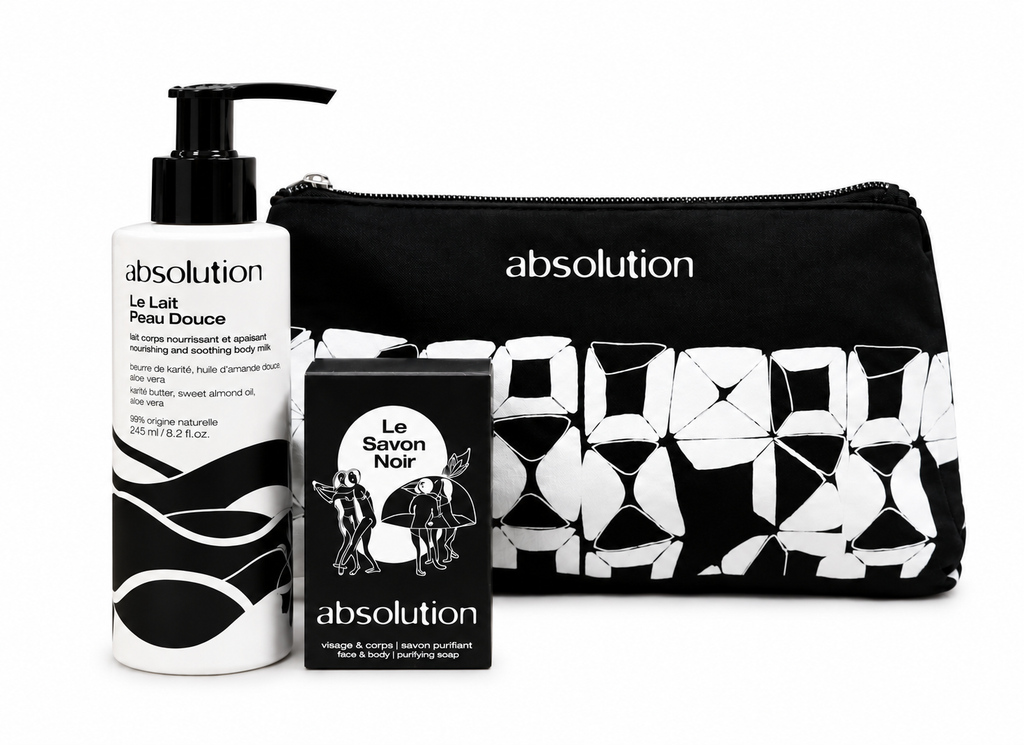 Absolution – Le Lait Peau Douce & Le Savon Noir Set + Gratis Toilettas