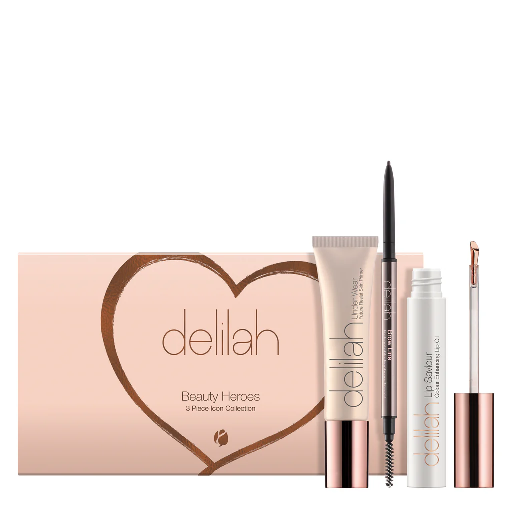  De complete Delilah Beauty Heroes Collection met Under Wear Primer, Lip Saviour en Brow Line in Sable