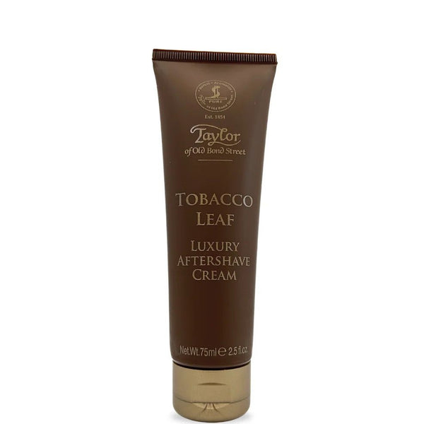 Close-up van de Taylor of Old Bond Street Tobacco Leaf Aftershave Cream tube in bruine kleur