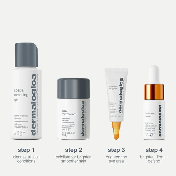 Vier travel-size producten in de Dermalogica Cleanse + Brighten Set voor reinigen, verhelderen en boosten