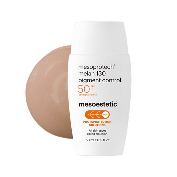 Mesoprotech Melan 130 Pigment Control SPF met een getinte textuur, ideaal voor het verminderen van pigmentvlekken en het egaliseren van de teint.