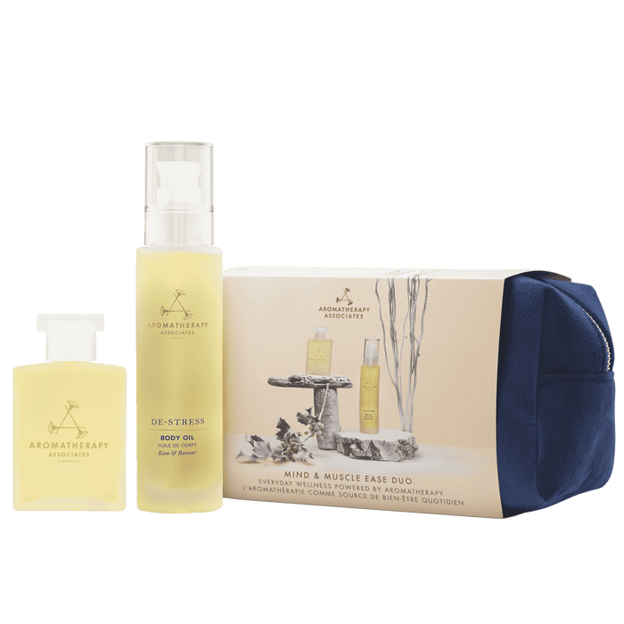 Luxe Mind & Muscle Ease Duo set van Aromatherapy Associates in fluwelen reistas
